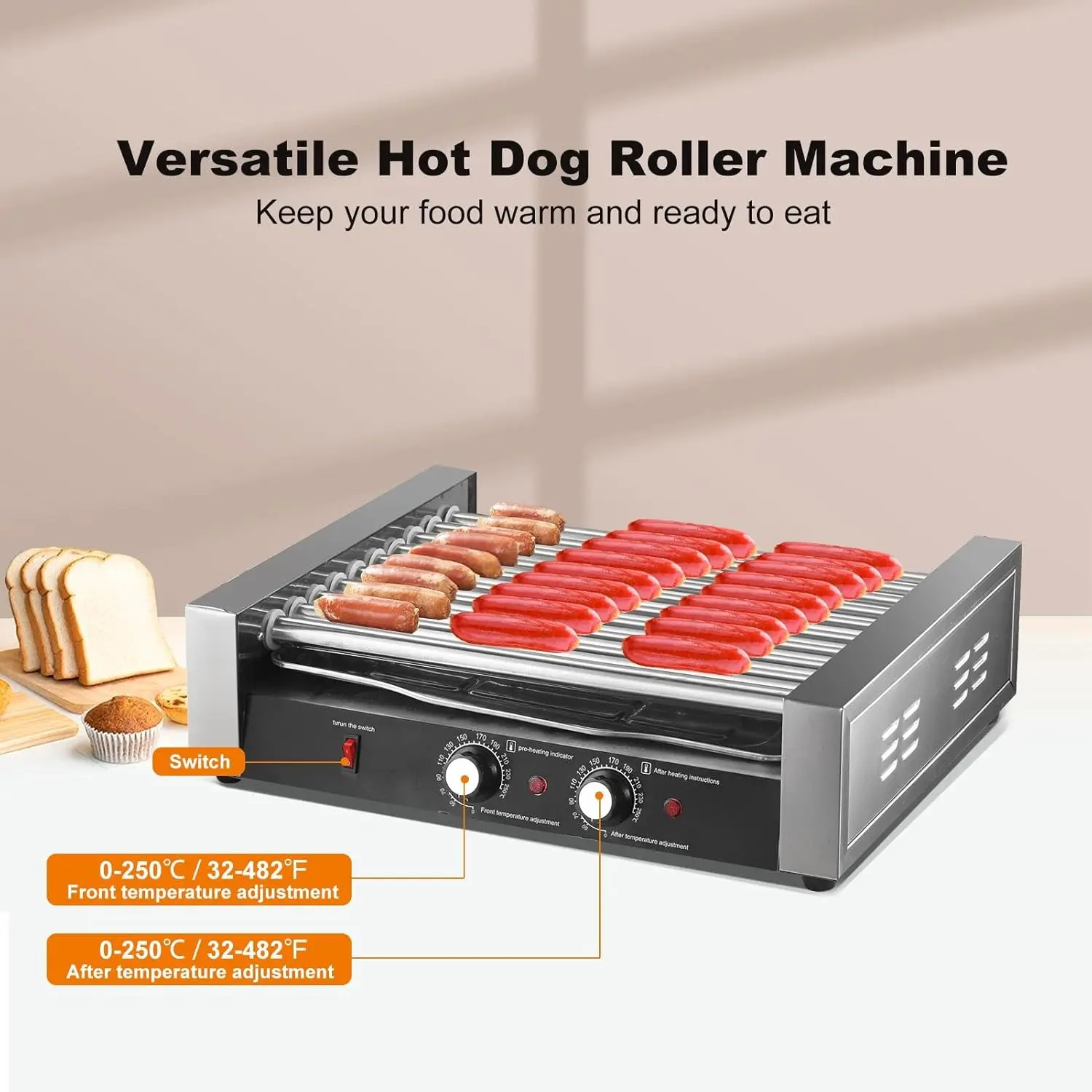 Máquina de rodillo para perritos calientes, máquina de cocina para parrilla de salchichas de 10 rodillos |   Acero inoxidable con control de temperatura, capacidad 27 perritos calientes, Remova