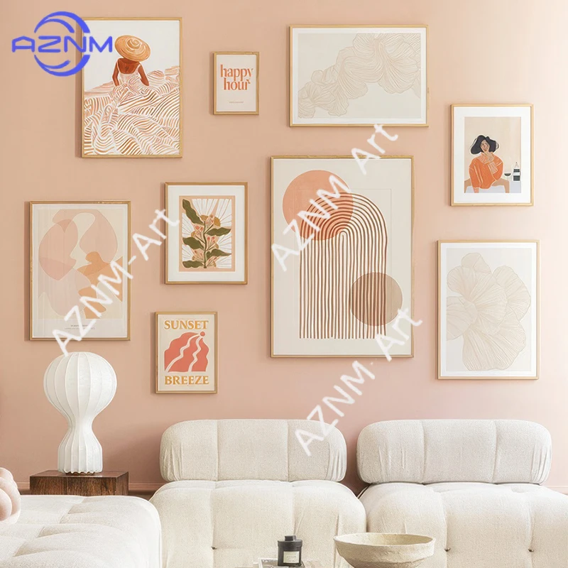 Pfirsichfarbene Marokkanische Frau mit Wein, Sonnenuntergangsbrise, Abstrakte Linien, Wandkunst, Leinwandbilder, Posterdruck, Boho-Dekoration, Gemälde R