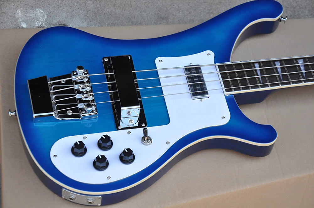 4 Strings Blue Electric Bass with White Pickguard,Rosewood Fretboard