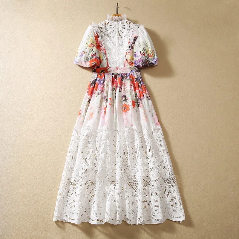 

2024 New Spring Summer Fashion Elegant dress Puff Sleeve Lace Patchwork Vintage Print Banquet Long Dresses High Quality