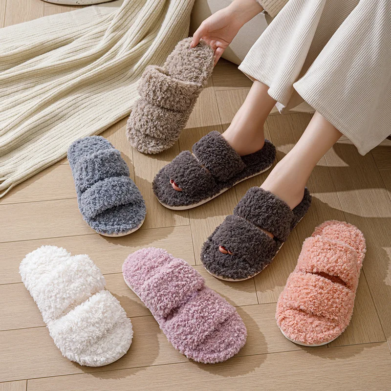 Ins Parallel Bar Plush Cotton Slippers Home Curly Fur European and American Indoor Open Mouth Plush Slippers for Women