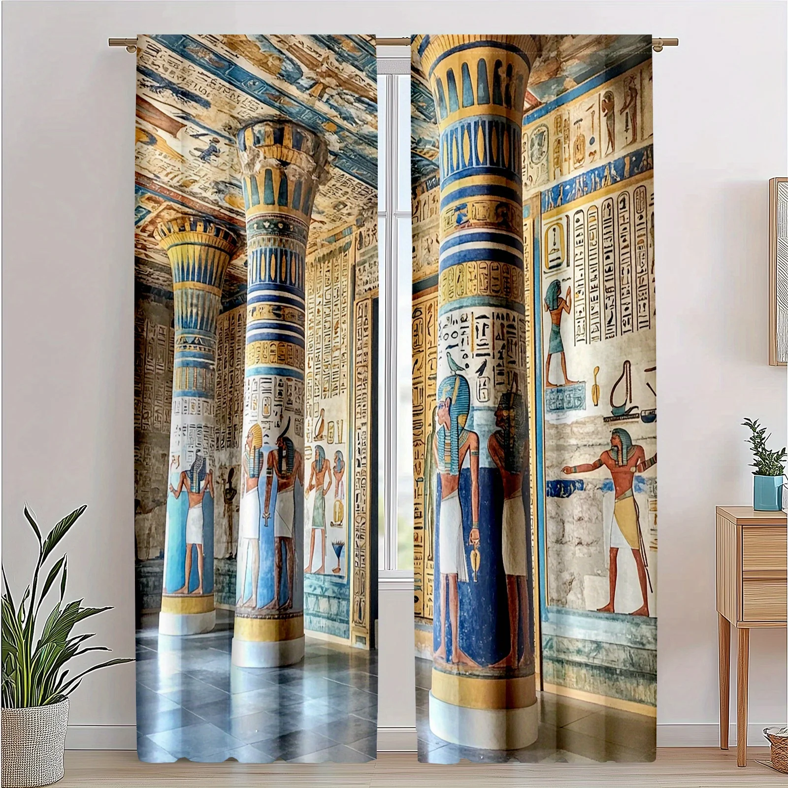 Egyptian Temple Curtains Hieroglyphics Art Print Window Drapes Ancient History Theme Home Decor Living Room Bedroom Cultural