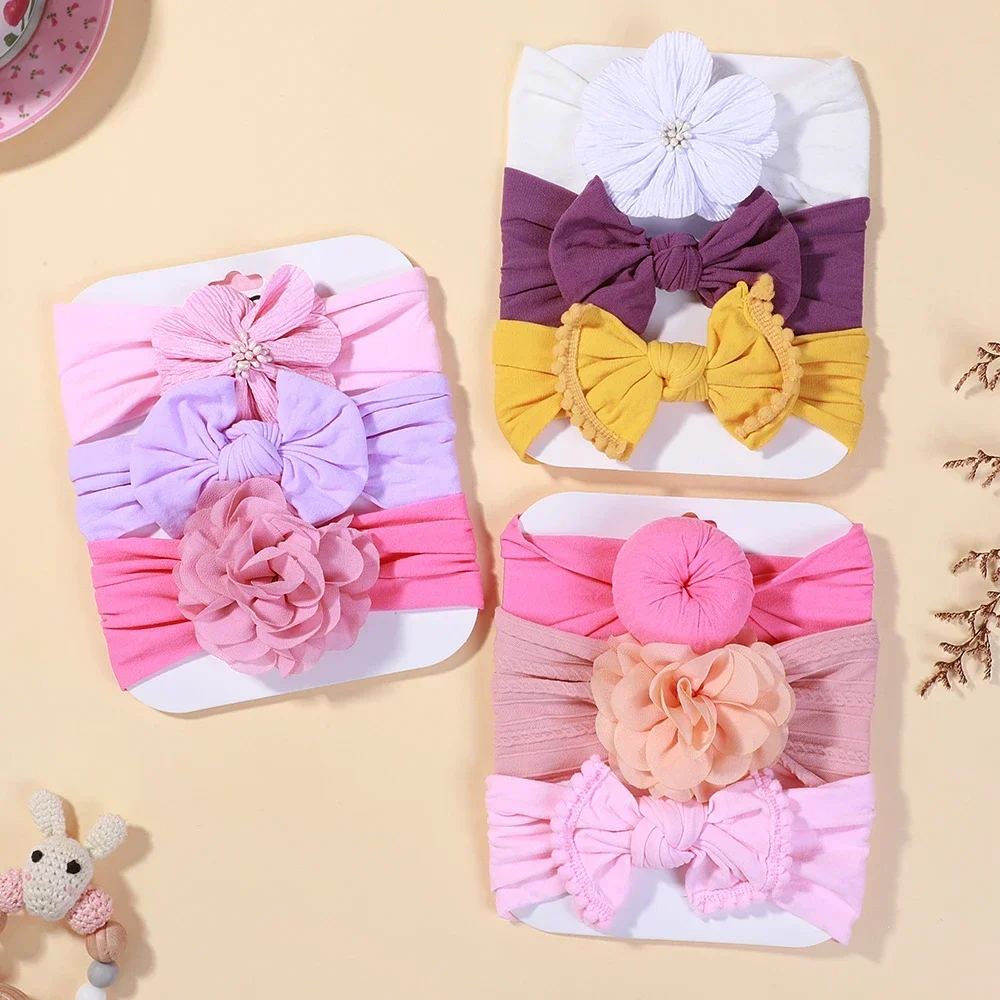 

3Pcs/Lot Solid Nylon Baby Headbands with Lace Flower Bow Hair Bands for Newborn Donuts Cute Fashion Kids Headwraps