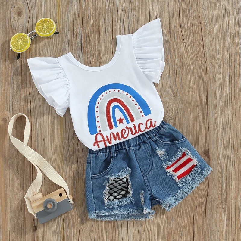 Independence Day Kids Girls Clothes Letter Star Contrast Color Rainbow Print Romper Ripped Jeans Denim Shorts 2Pcs Set