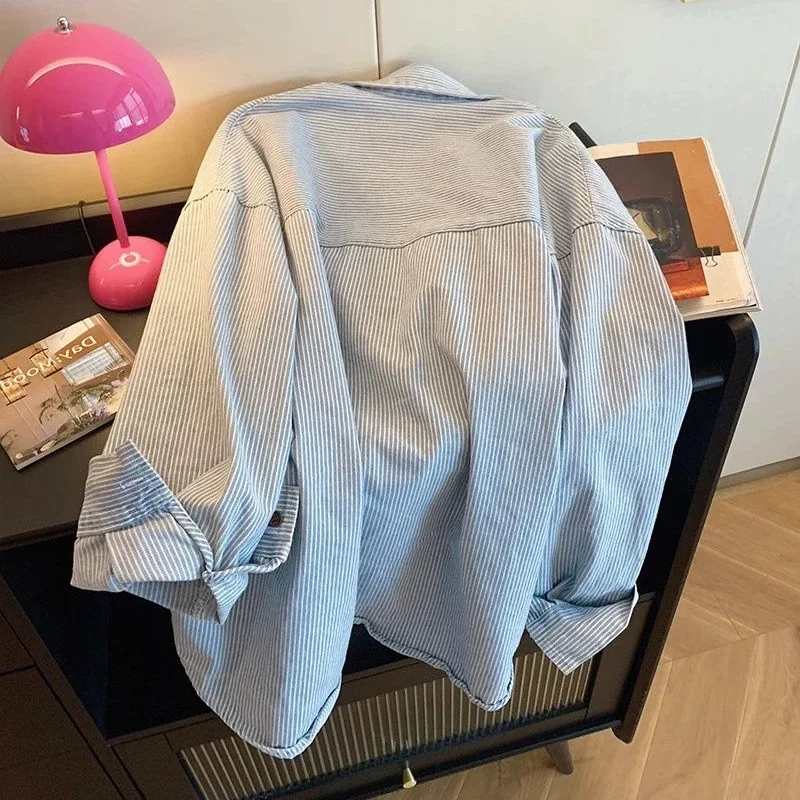 Vintage Striped Shirts Women Sweet Preppy Style Oversize Blouse Korean Fashion Chic Cute Button Turn Down Collar Long Sleeve Top