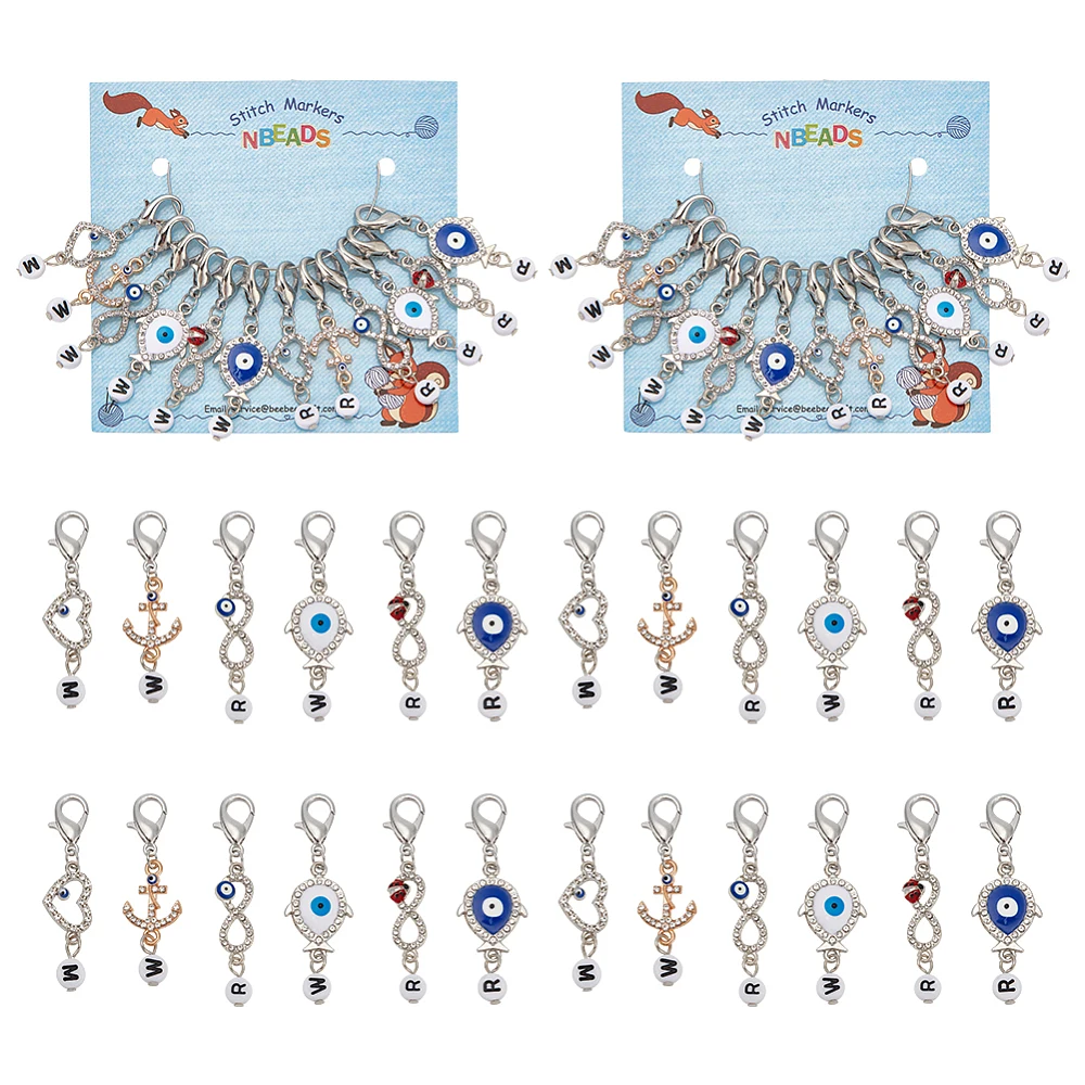 

24PCS Alloy Rhinestone Evil Eye Pendant Locking Stitch Markers with Acrylic Beads Zinc Alloy Lobster Claw Clasps Stitch Marker