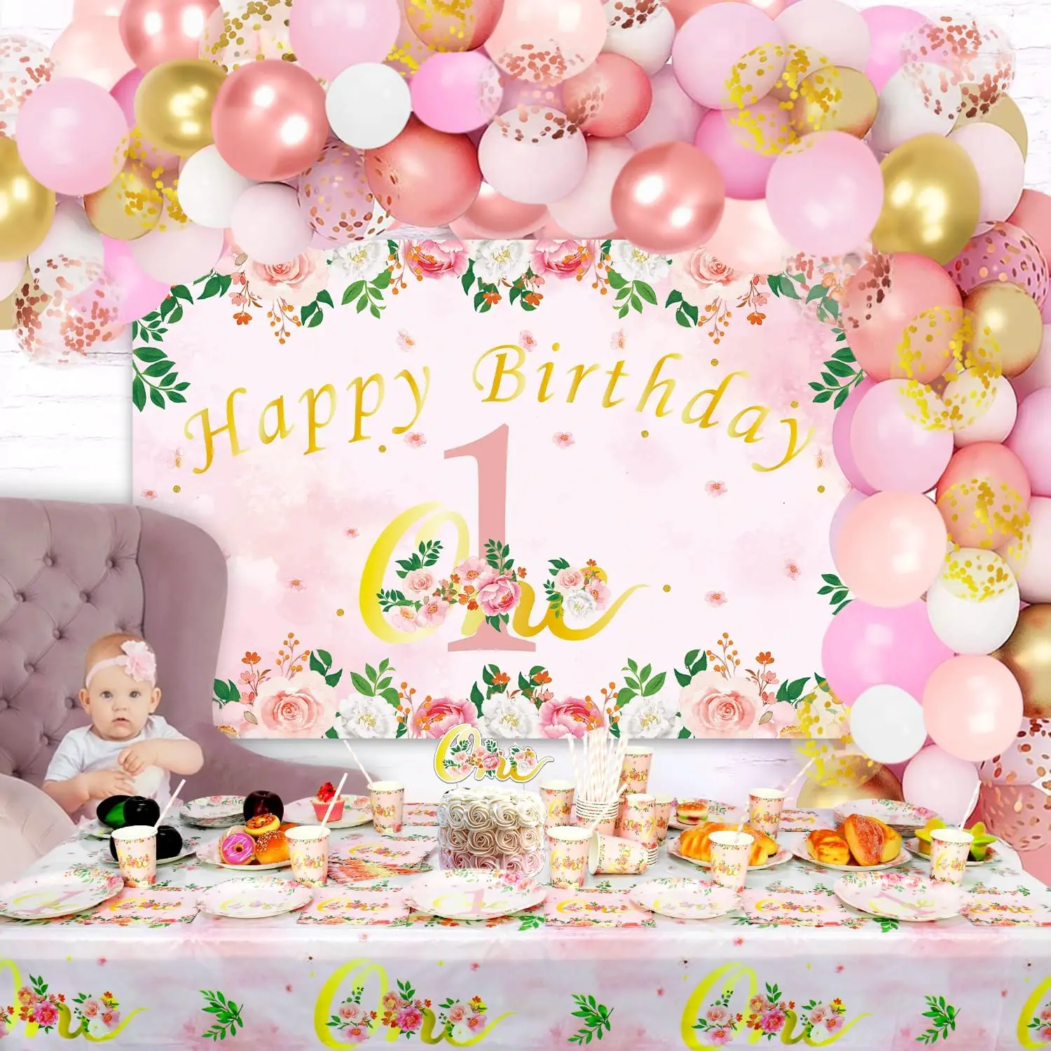 First Birthday Decorations for Girls, Backdrop, Plates, Cups, Napkins, Tablecloth, Baby Daughter, Happy Birthday Supplies