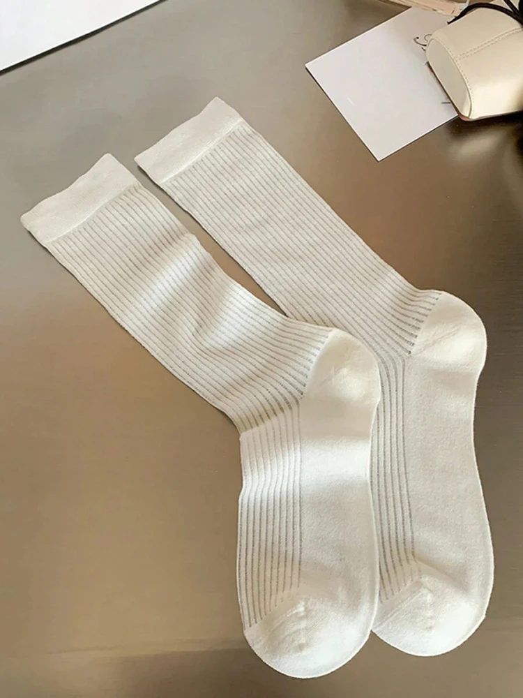 1/4 Paar Damen-Socken für mittlere bis schmale Beine, Kniestrümpfe, schwarz, weiß, grau, dünne Sommersocken im süßen Stil, transparente, gestapelte Socken – Detail 7