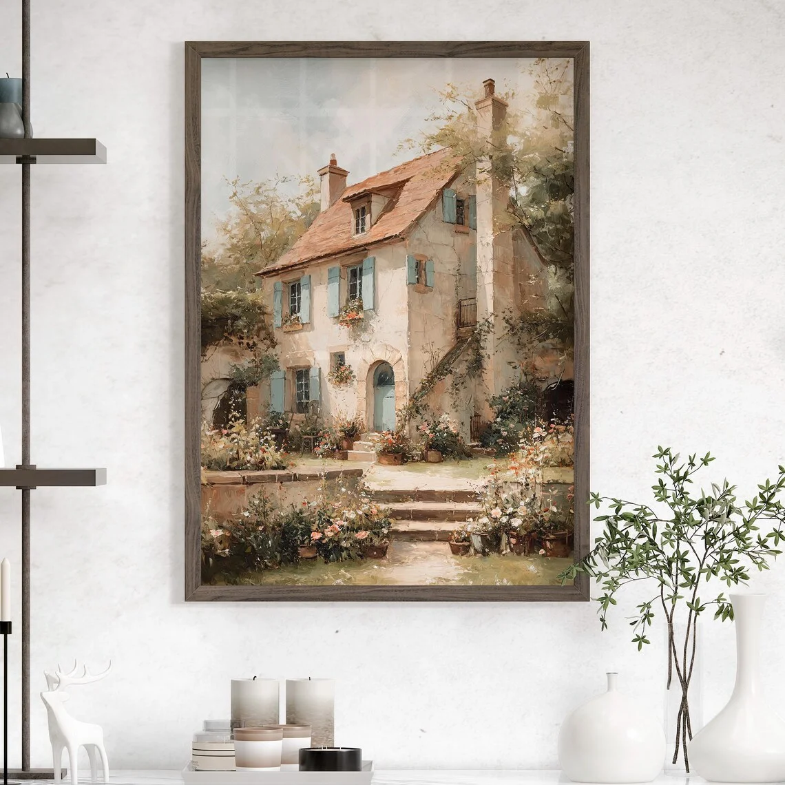 Charming French Country Cottage Wall Print Decor - Soft Watercolor Painting of a Stone Cottage with Light Blue Shutters and a Lu
