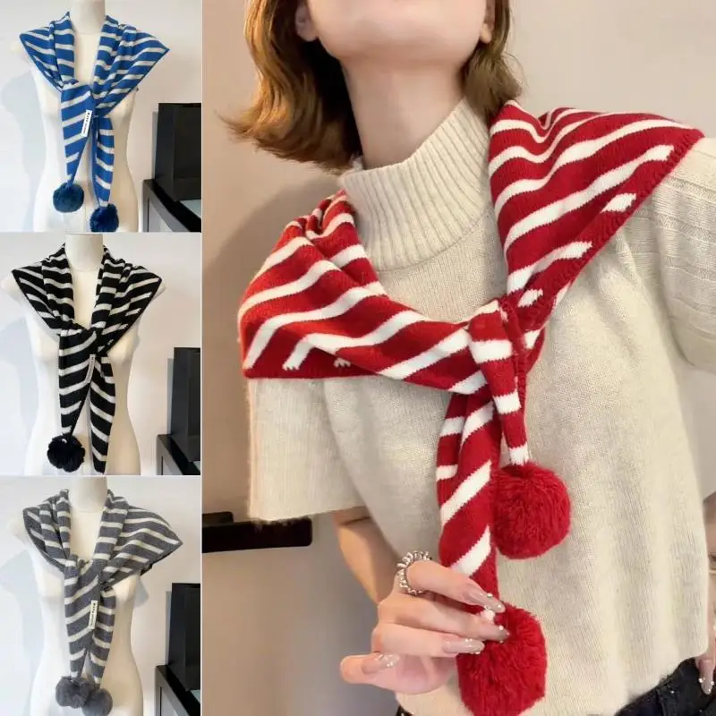 

100% шерстяной вязаный шарф, модный полосатый треугольный шарф, рождественская основная картина, красная теплая универсальная шаль с плюшевыми шариками