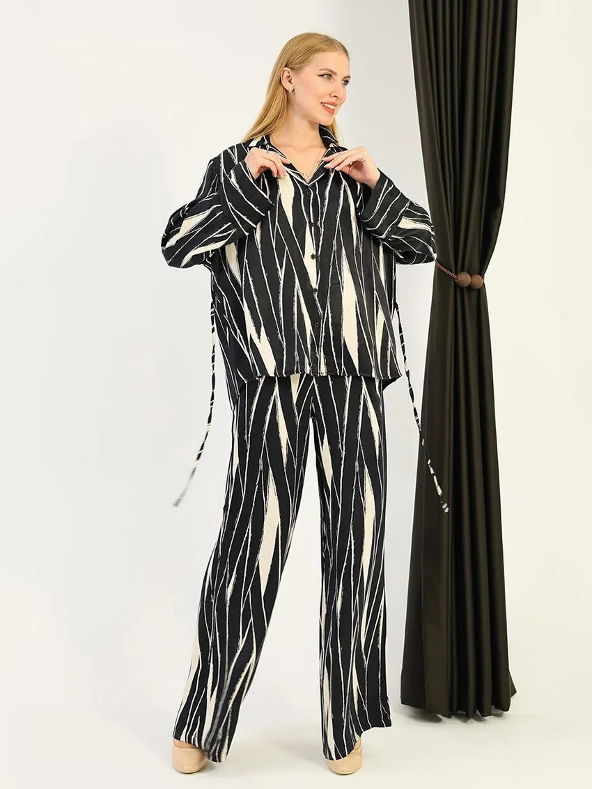 

Marthaqiqi Printing Ladies Nightgown Set Lace Up Pajama Long Sleeve Nightie Sexy Turn-Down Collar Nightwear Pants Sleepwear Suit