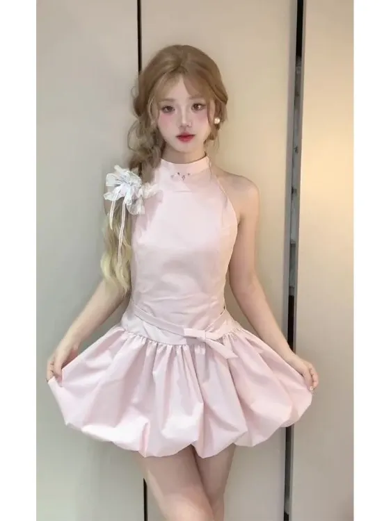 

Розовое летнее пышное платье-бальное платье с цветочным узором для девочек, с завышенной талией, новинка