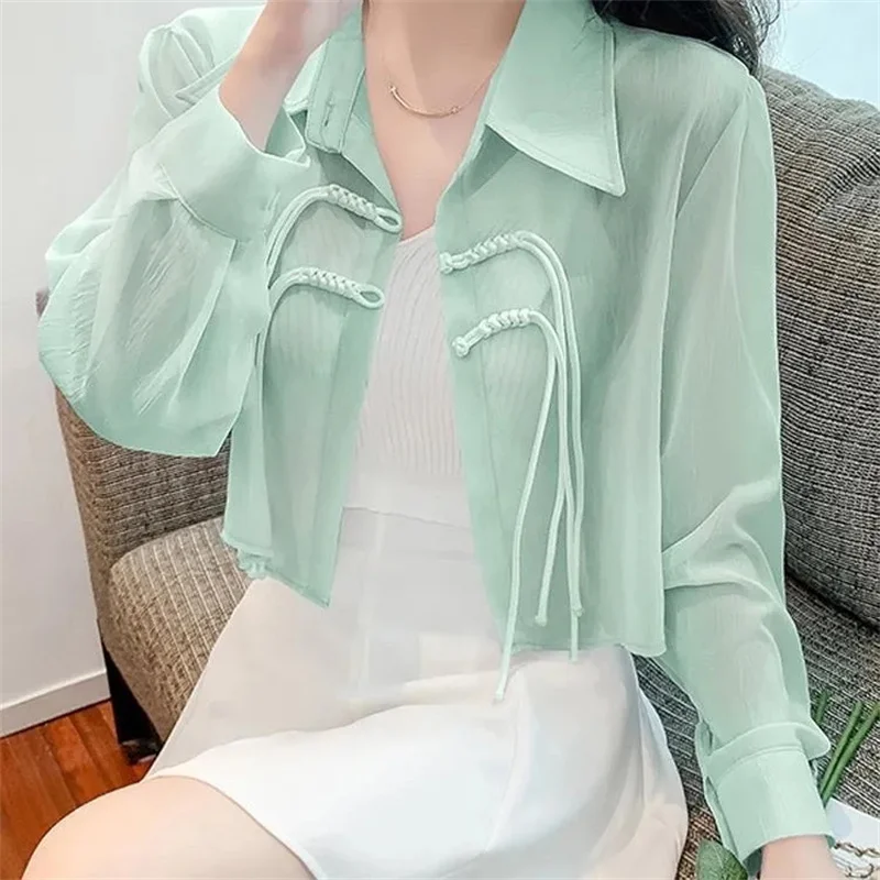 

Sunscreen Clothing Women's Summer 2025 New Thin Chinese Style Shirt Light Long Sleeve Fashion Buckle Chiffon