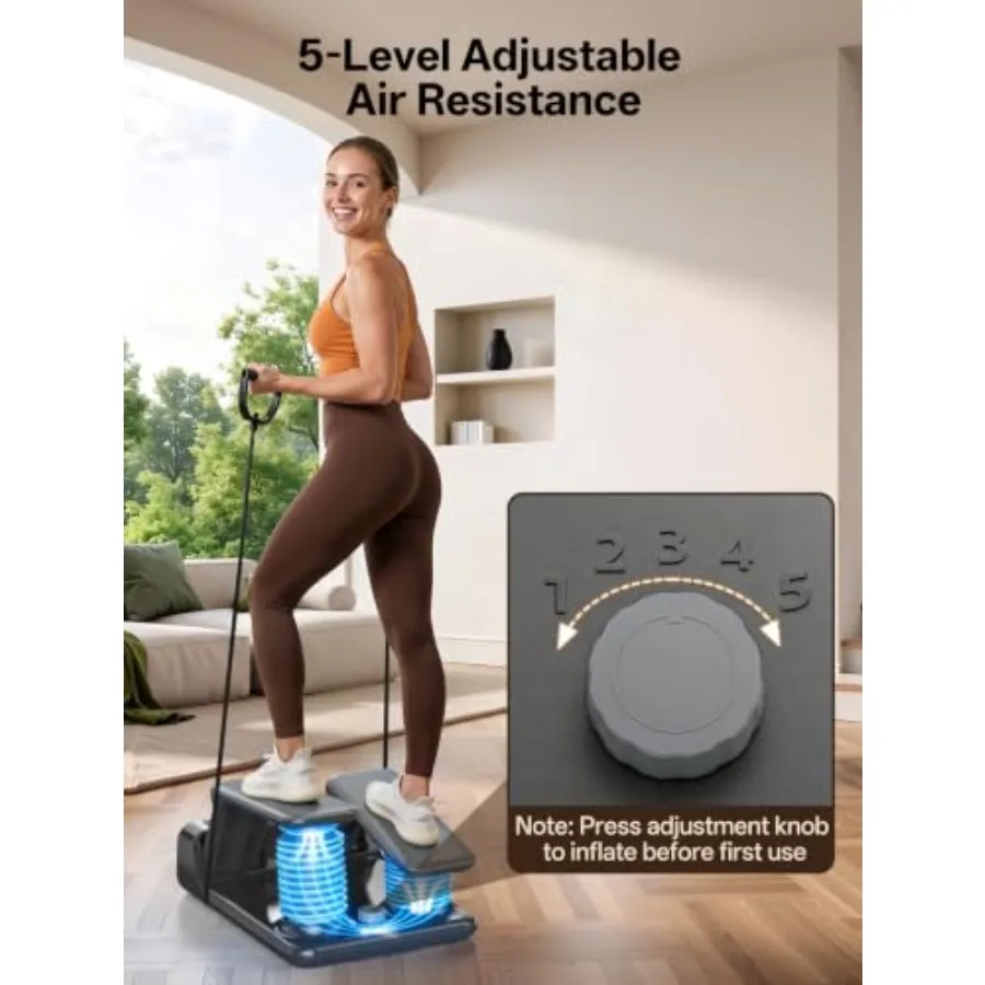 Home exercise stepper with steel frame, black finish, LED monitor and resistance bands for low-impact cardio and strength train