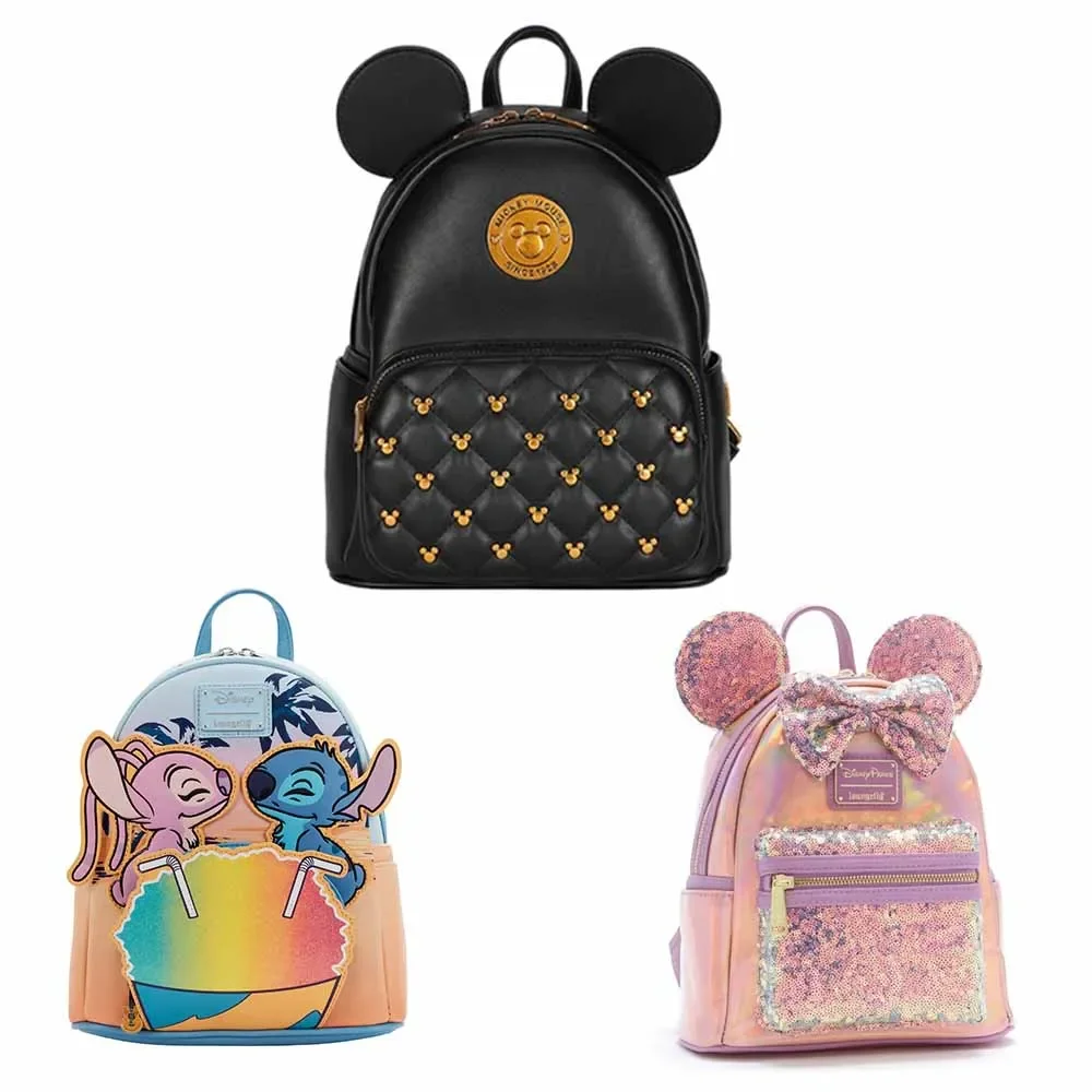 Mickey Mouse PU Leather Backpack Cartoon Lotso Stitch Fashion Cute Girl Storage Bag Women Double Strap Shoulder Bag