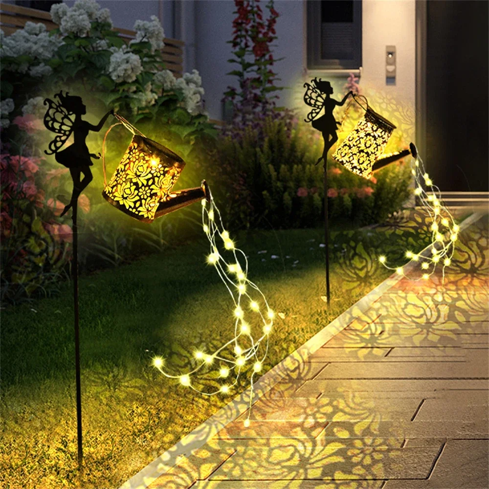 Solar Fairy Watering Can Lights Vintage Metal Garden Decor Outdoor Solar Hanging Kettle Light Waterproof Villa Yard Decoration