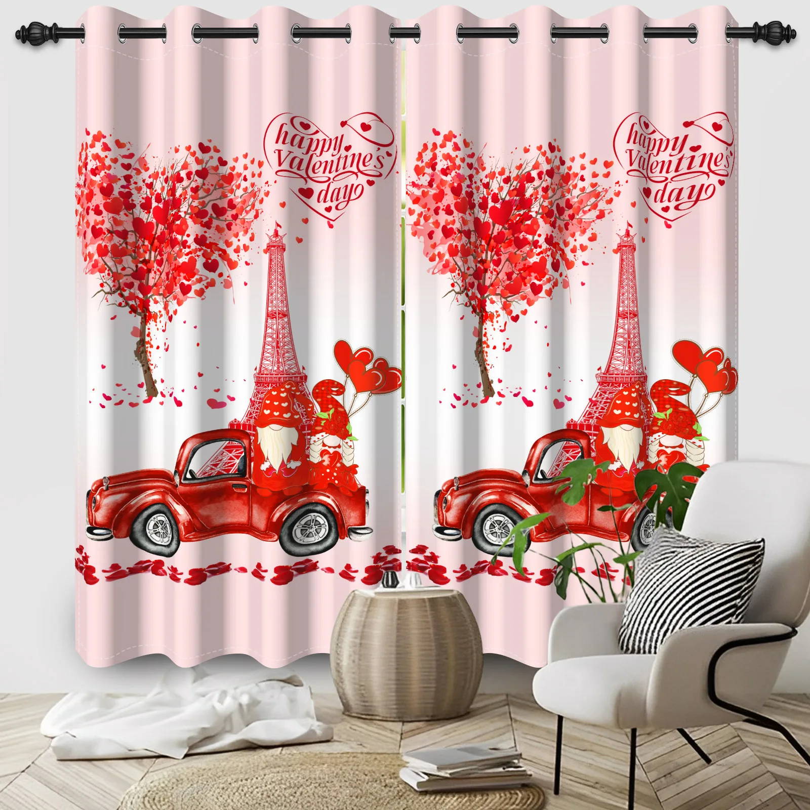 2pcs/set Valentine's Day Window Curtain Fun Dwarf Couple Red Heart Balloon Leaf Bedroom Decor Blackout Polyester Fabric Curtains