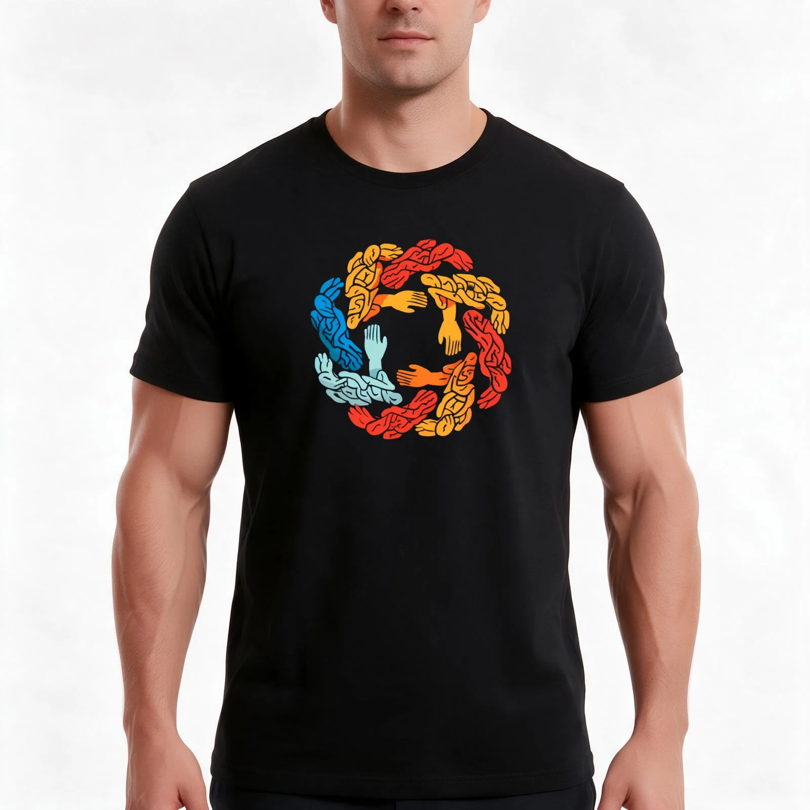 “Circle of Unity: Interlocked Hands” T-Shirt, Summer Casual Cotton Tee, Oversized Streetwear Tops, Vintage Graphic Print