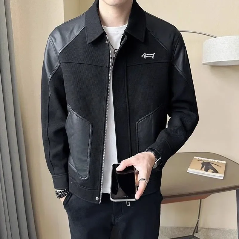 

Korean Golf Clothes Men High Quality Golf Jacket PU Leather Splicing Together New Coat Men Golf Wear 2024 Autumn Casual Jacket