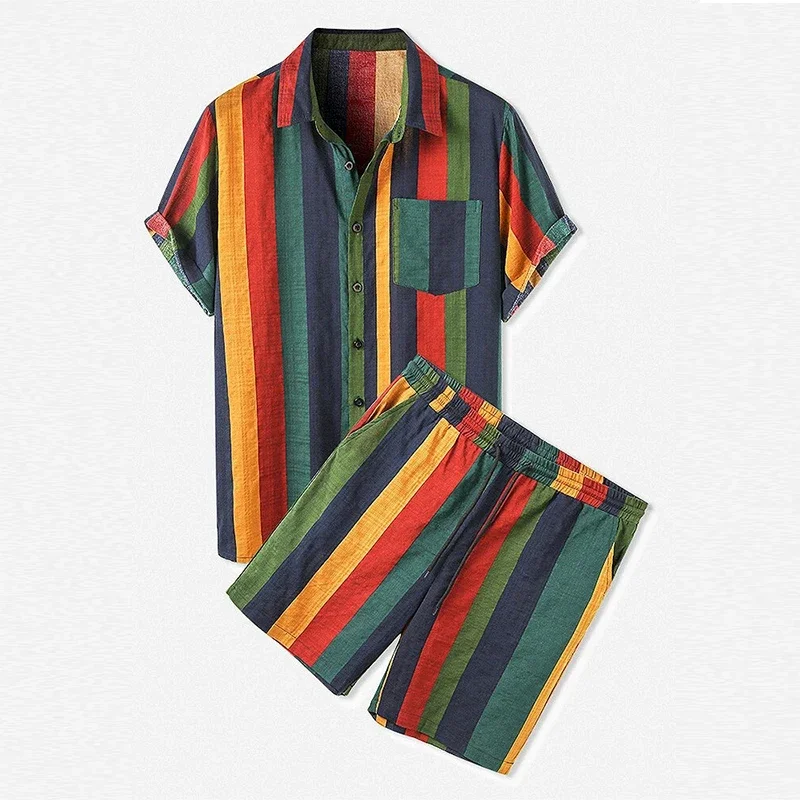 Striped tracksuit for men, Streetwear, short sleeve cuffed shirts with lapels and tight cord shorts, casual Hawaiian vacation