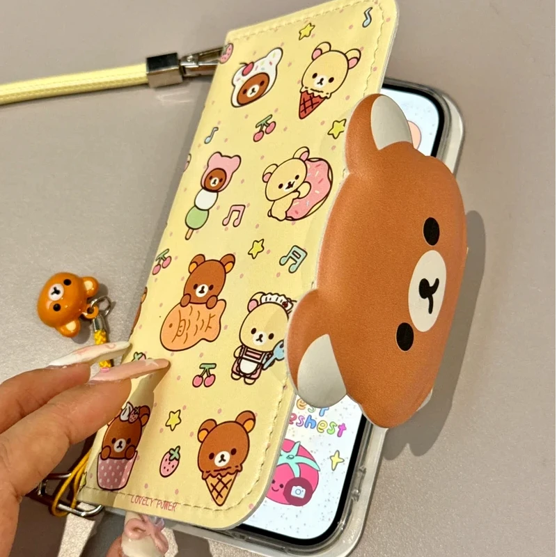 Rilakkuma Cute Cartoon Flip Leather Card Holder Phone Case For Iphone 17 Promax 16 Promax 15 Pro 14 13 Shockproof Cover Women view 3