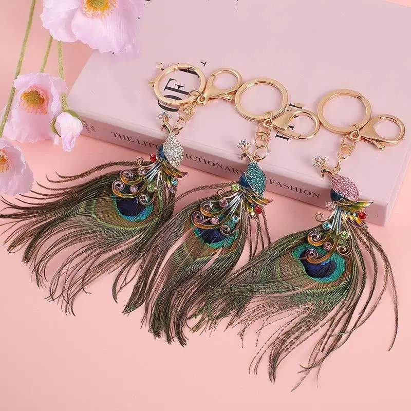 Strass-Pfauen-Schlüsselanhänger, Emaille-Pfauen-Anhänger mit Feder, glitzernder Pfauen-Schlüsselanhänger, Taschenanhänger, Geschenk für Frauen und Männer – Detail 5