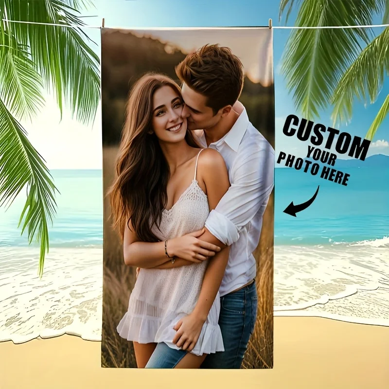 Custom Couple Photo Beach Towel Personalized Picture Print Soft Quick-Dry Large Bath Towel for Travel Swim Pool Gift