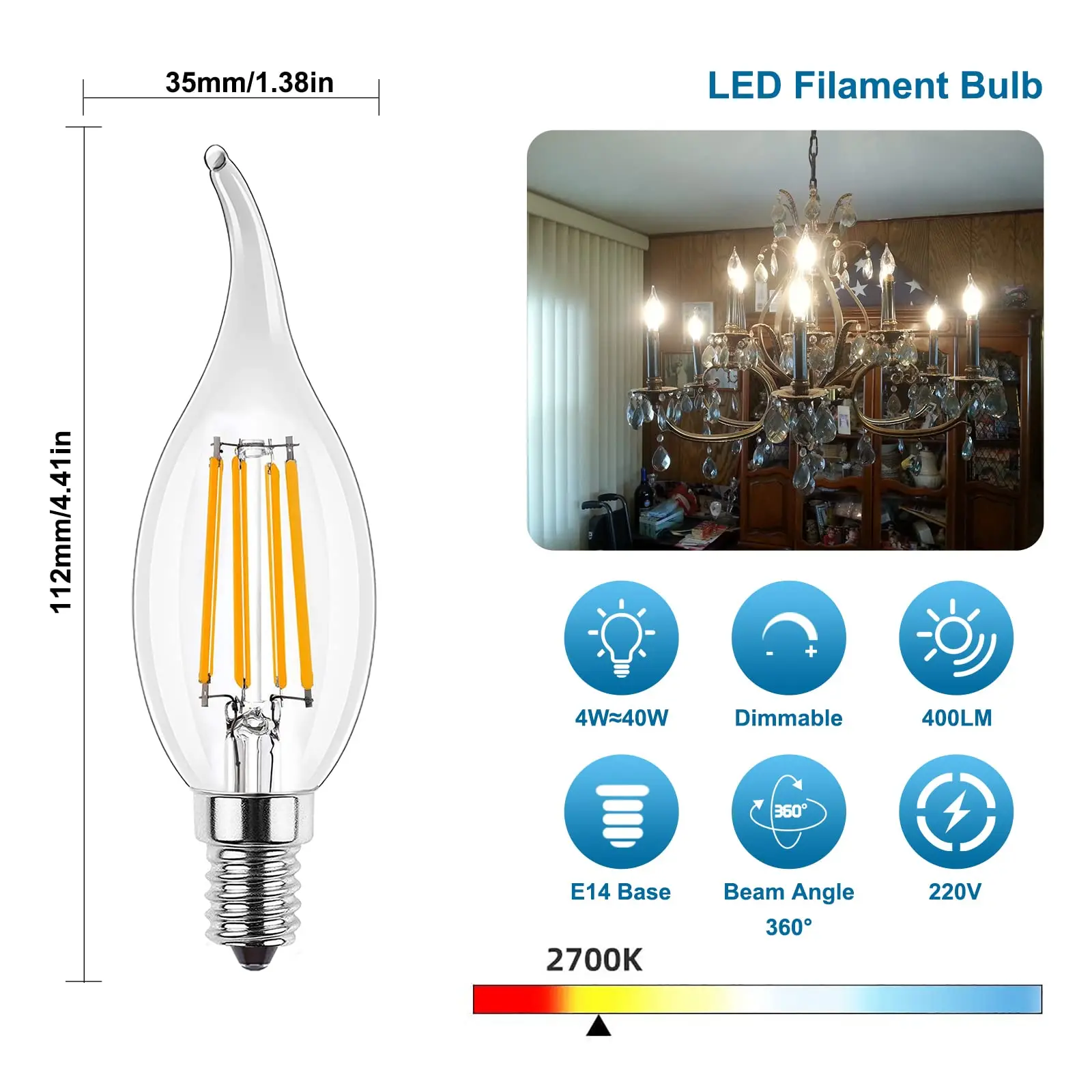 E14 220V LED Lamp 4W 6W C35T LED Dimmable Filament Candle Bulbs Warm White 2700K Cold White 6000K Candelabra