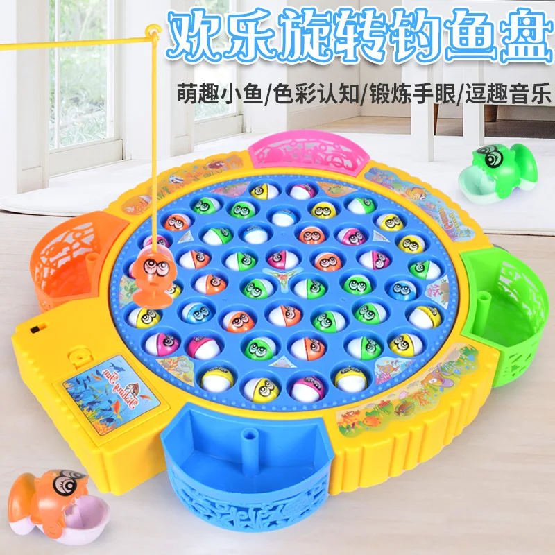 Set mainan memancing anak-anak dengan piring putar musik elektrik, ikan palsu, puzzle magnetik, simulasi ikan, permainan memancing yang menyenangkan