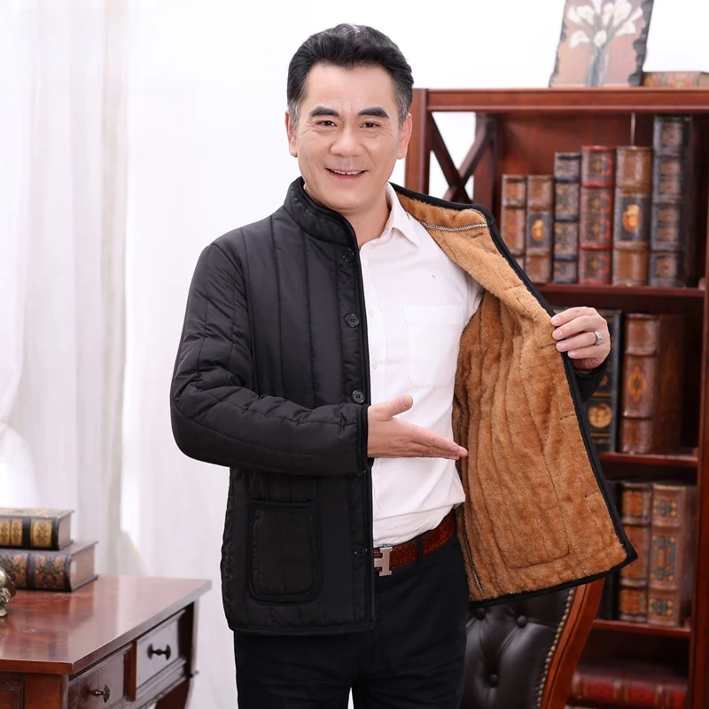 

New Winter Thiened Long Sve Fce Lined Cotton Jaet Dad Sle Casual Stand Collar Inner for Middle-Aged Men