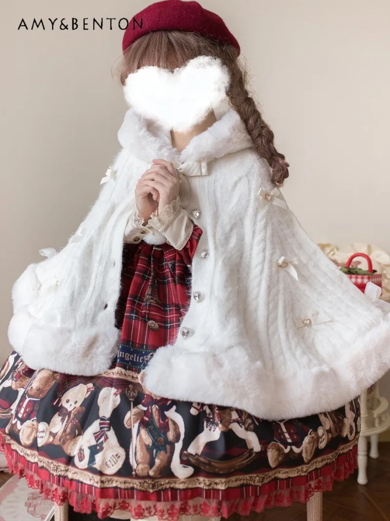

Sweet Lolita Autumn Winter New Cape Knitted Cardigan Cute Love Rhinestone Bow Plush Hooded Loose Thickened Shawl Cape Coat Women