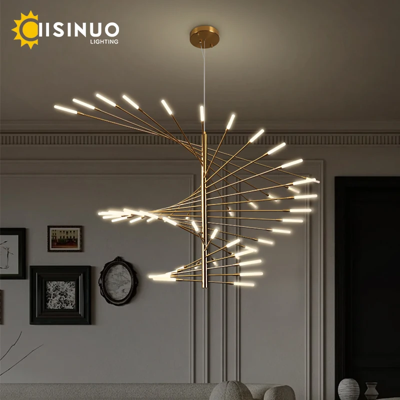 villa duplex led lustre pendurado ajustavel ouro preto luminaria arte forma de fogo de artificio luz para casa sala estar cozinha 01