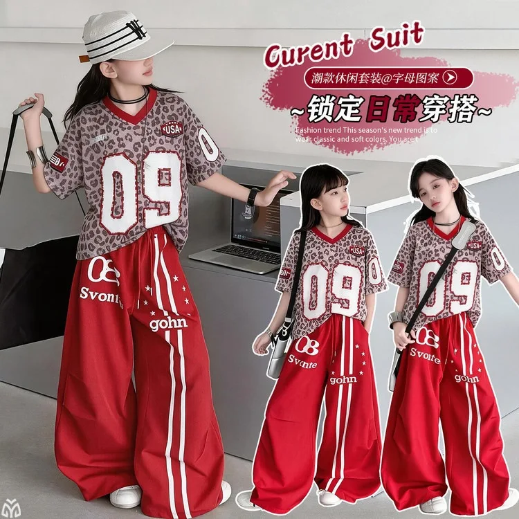 New Teens Girls Summer Sports Set Kids Korean Style Leopard Letter Graphic Tee Wide Leg Trousers Thin Casual Two Piece Outfit