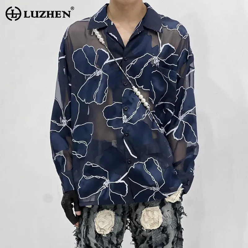 

LUZHEN High Quality Gauze Breathable Long Sleeve Shirts Men's 2025 New Original Floral Patchwork Elegant Handsome Clothes JY3365