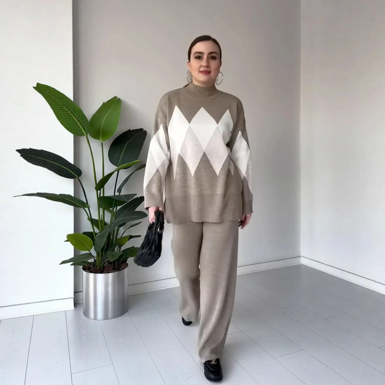 Sweater Suit Women Knitted 2 Piece Sets Pullover Turtleneck Top Wide Leg Pants Outfits Autumn Winter Knitwear Trousers Ensemble view 3