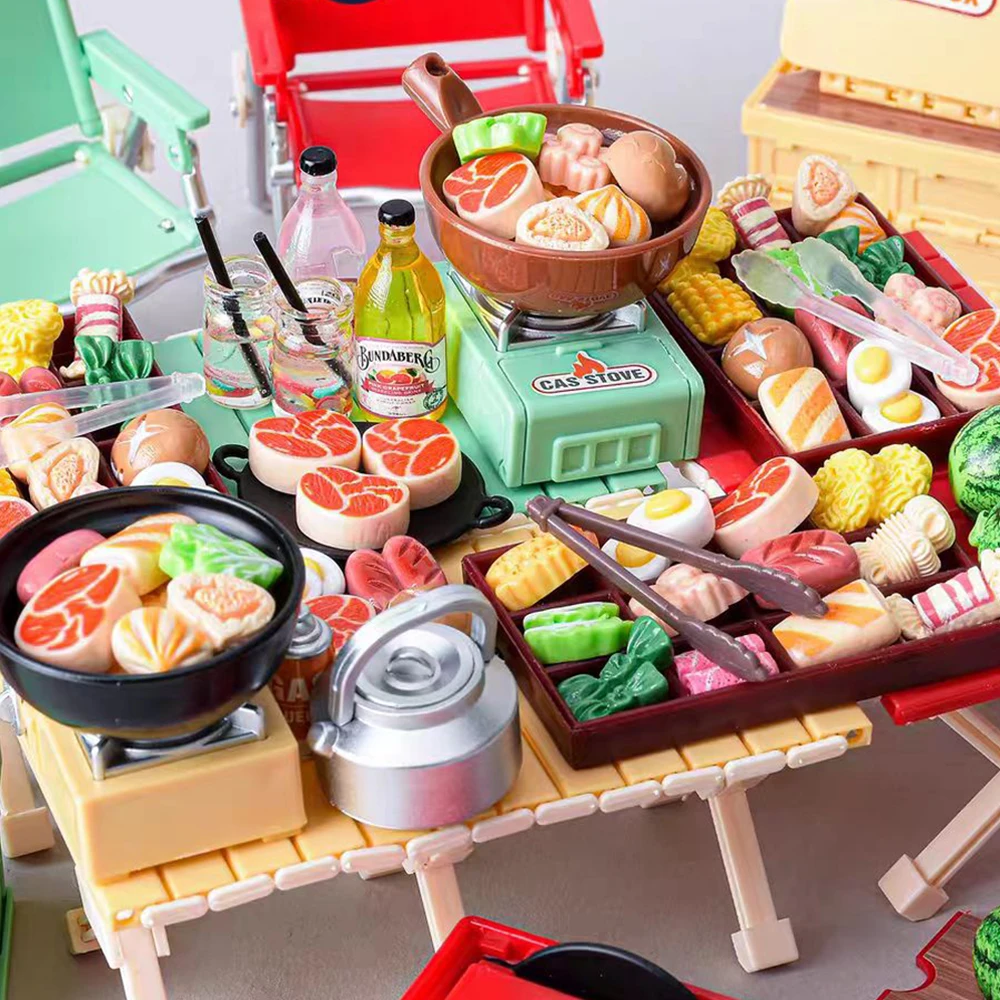 Kinder Simulation Outdoor Camping Tische Set Mini Outdoor Klappstühle Karte Öfen Ausrüstung Miniatur Möbel Geschenk