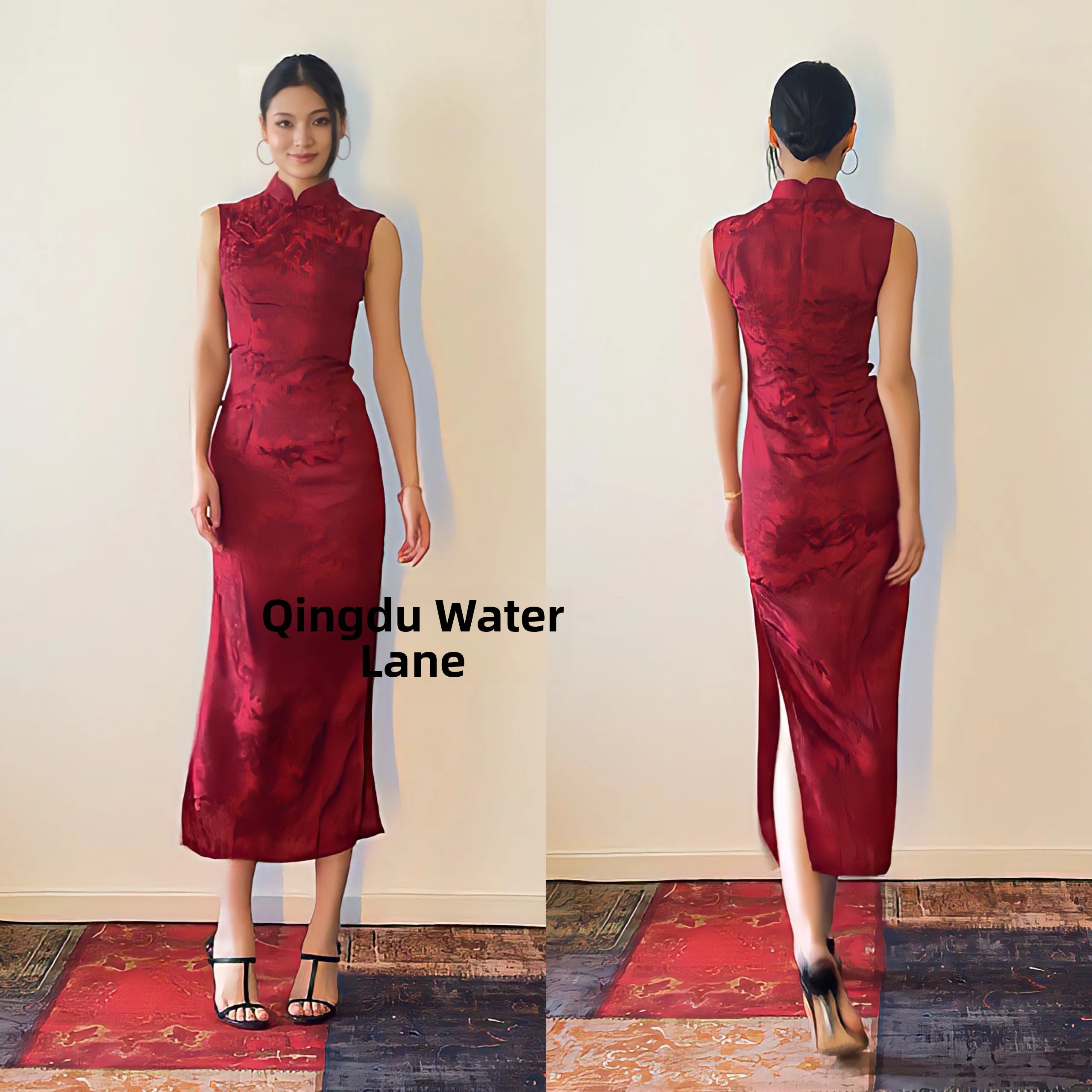 

Qingdu u Lang Red Satin Mid-Length Slit Slimming Vintage Sle Breathable Polyester Fiber No-Sve Long Qipao