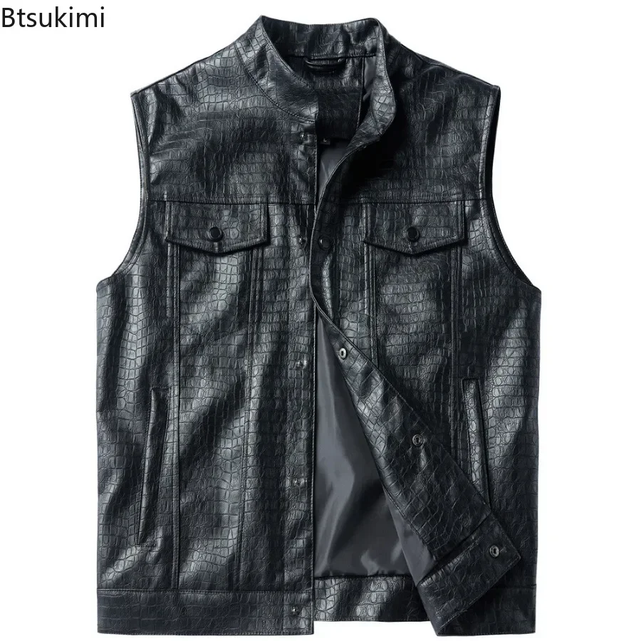 2025 Men's Trendy Solid Faux Leather Vest Motorcycle Stand Collar Sleeveless PU Leather Vest Jacket Multi-pocket Punk Vest Coats