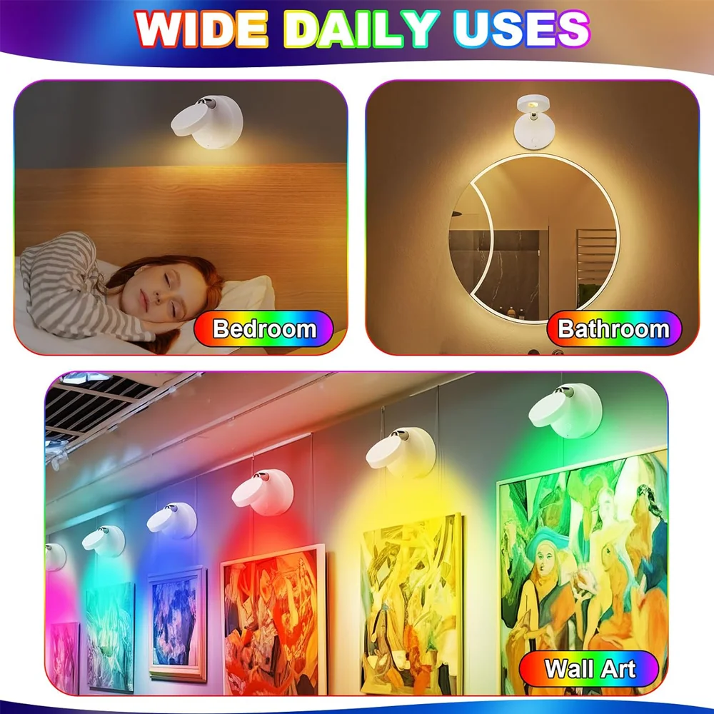 RGB وحدة إضاءة LED جداريّة مصباح قابلة للشحن ضوء الليل التحكم عن بعد للتدوير عكس الضوء غرفة نوم الأضواء اللاسلكية لديكور غرفة المعيشة