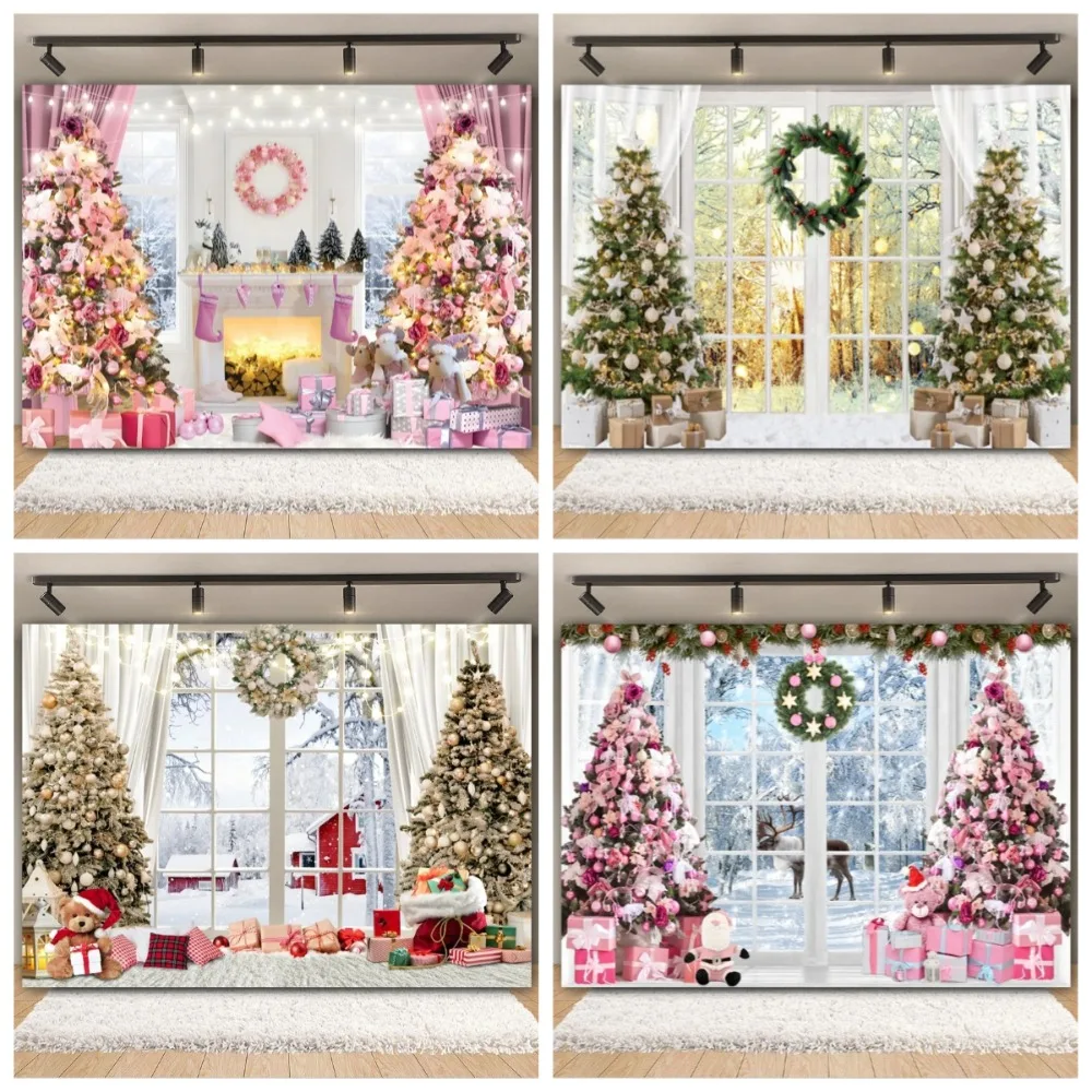 

Merry Christmas Backdrop Xmas Tree Window Winter Snow Forest Santa Claus Gift Family Party Photography Background Photo Studio