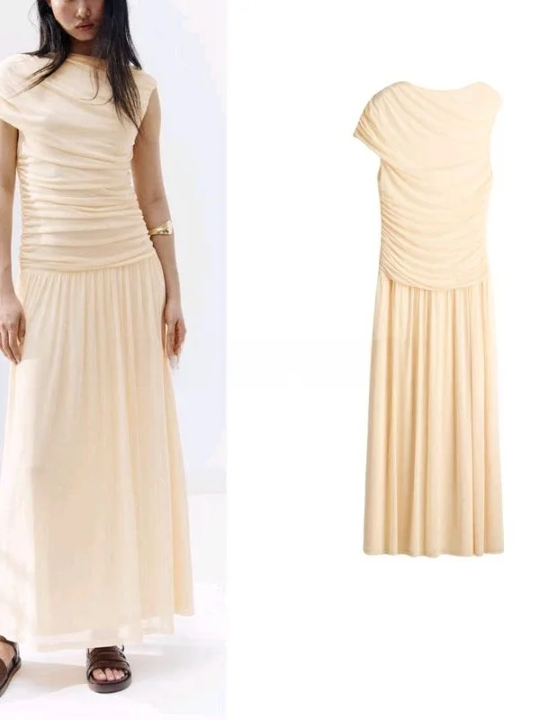 Summer Long Sleeveless round Neck A-Line Dress Tulle Gown Draped Simple Style Polyester Fabric Casual Daily Wear for Young Women
