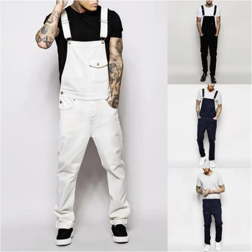 New Denim White Overalls Slim Men's Trousers New Europe and America Bib Men Spring and Autumn Casual Solid Color Mens Jeans