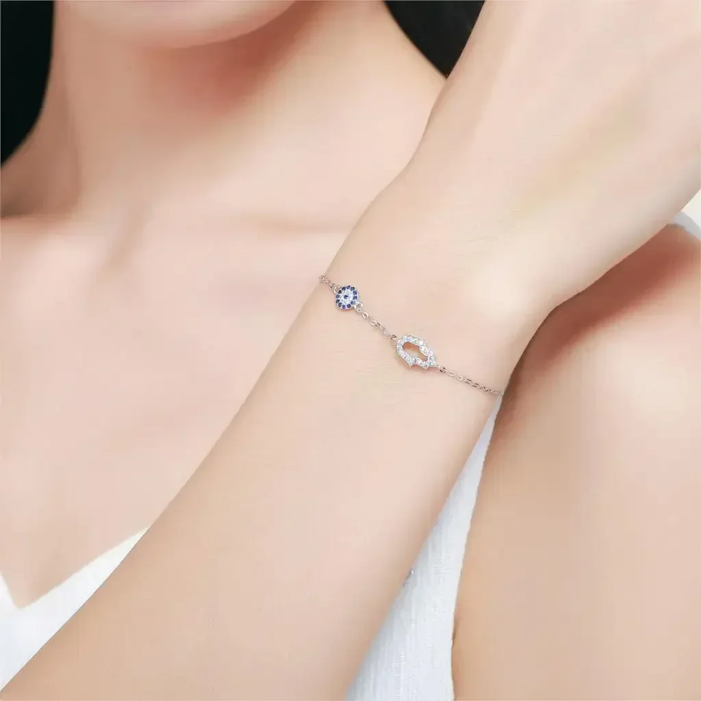 TONGZHE Evil Eye Bracelets for Women Lucky 925 Sterling Silver Bracelet Blue Eye Hamsa Hand Fatima Hand Turkey Jewelry