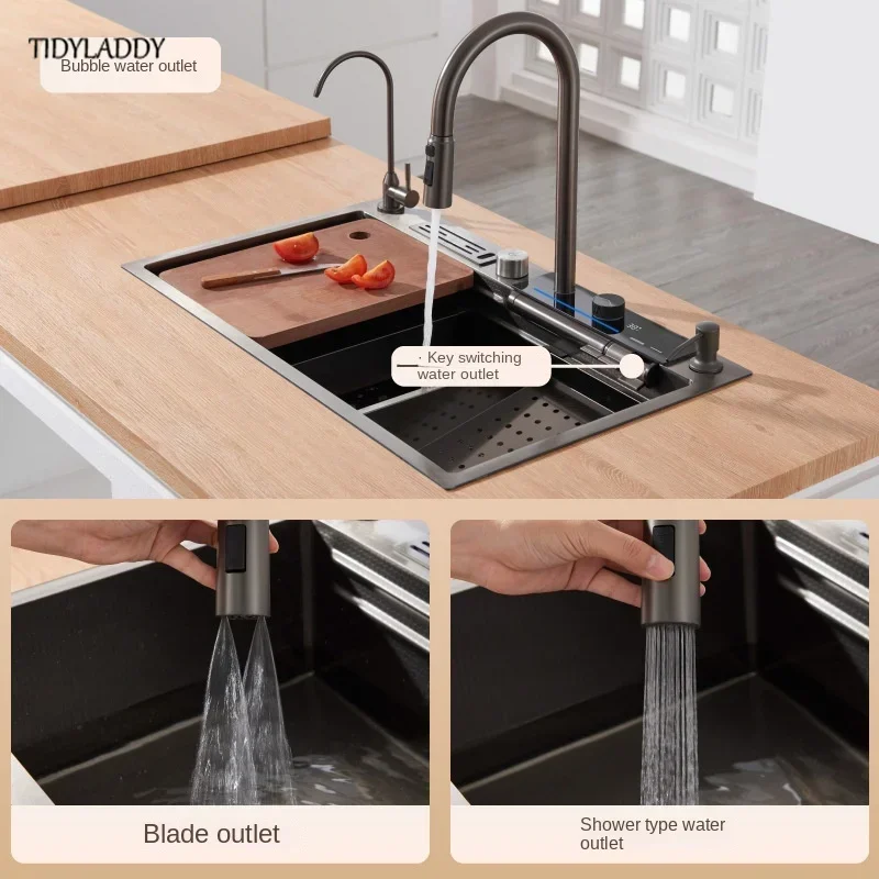 Stainless Steel Waterfall Kitchen Sink Digital Display Large Single Slot Multi-functional Farmhouse Embossed Washbasin
