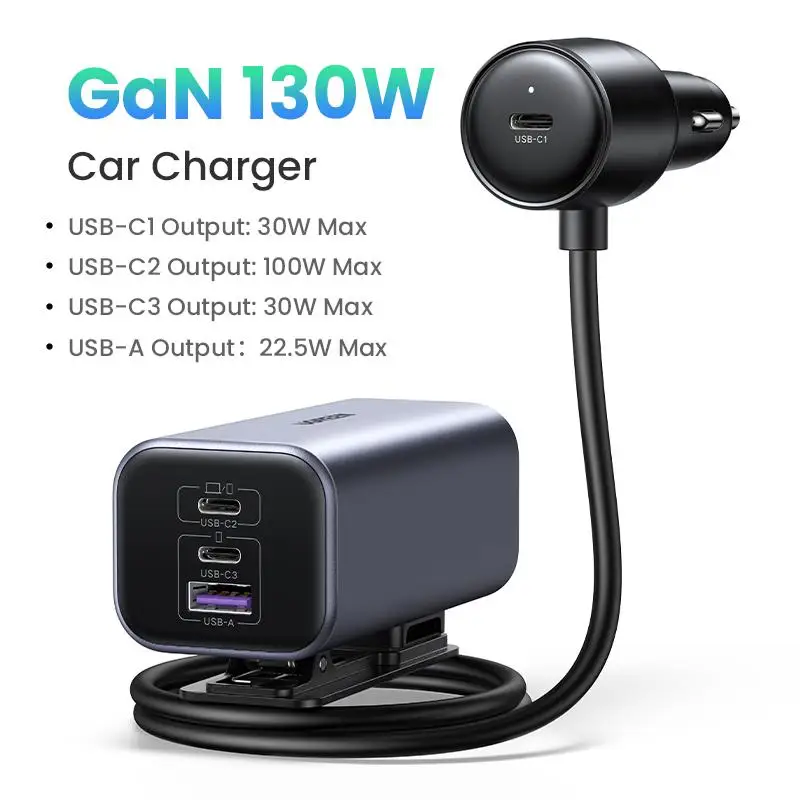 Top Car Charger 130W Fast Charge Extender 4 USB Devices GaN Charger for iPhone 16 15 USB C Charger for iPad Notebook