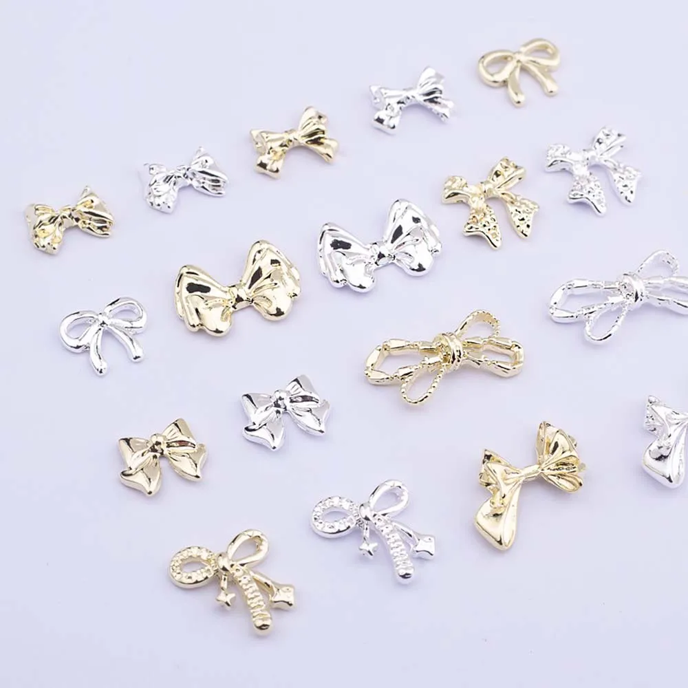 20 piezas-Lazo japonés para decoración de uñas, accesorios de lujo para manicura, 3D, dorado/plateado, Kawaii