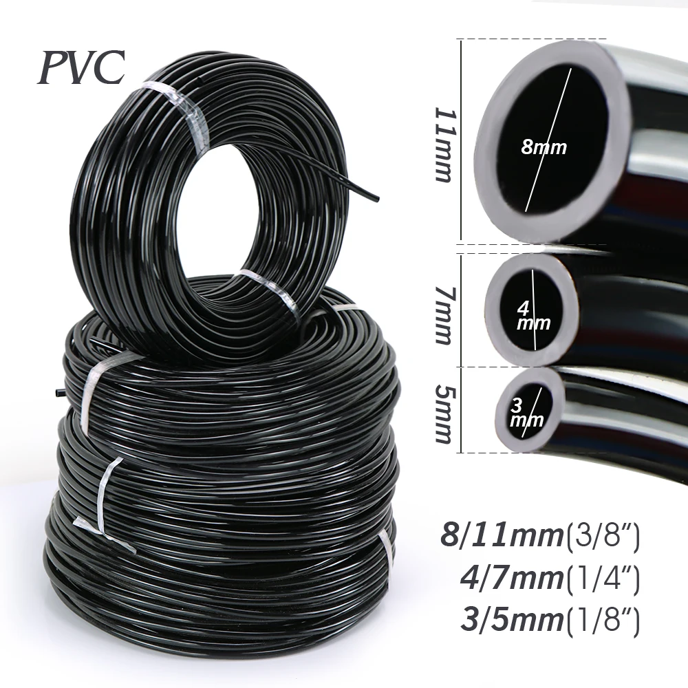 10M-100M 1/8'' 1/4'' 3/8'' PVC Garden Hose Black Micro Drip Irrigation Tube for Plants Watering System 3/5mm 4/7mm 8/11mm Pipes