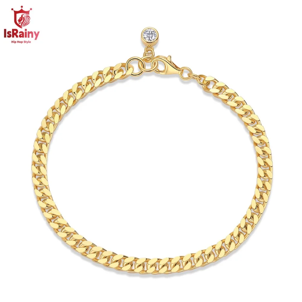 IsRainy 18K Gold Plated 925 Silver 4MM Round Cut Moissanite Diamonds Cuban Chain Bangles For Women Men Party Fine Jewelry Gift