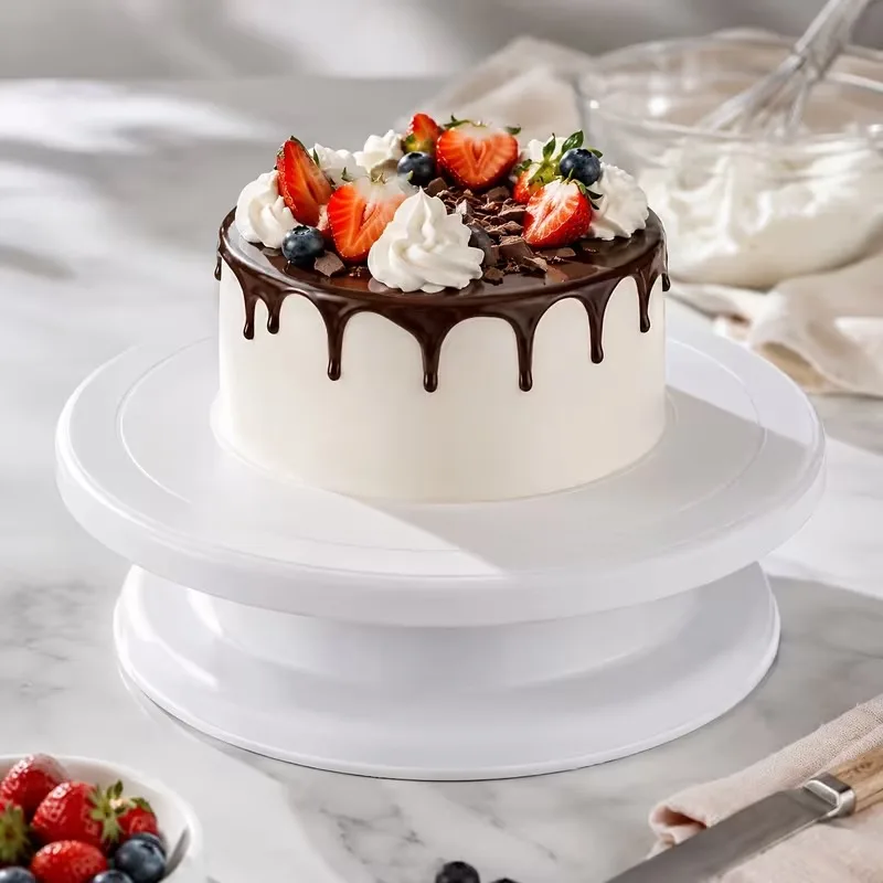 A cake turntable or rotating cake stand, suitable for decorating, arranging, and displaying desserts; a cake display rack.