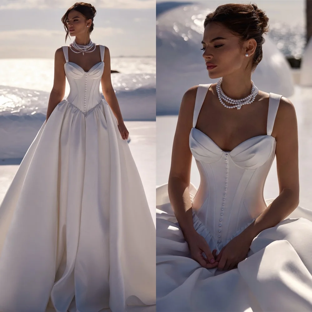 

Customized Classic Satin Wedding Dresses for Woman Strapless Lace Up Back Bridal Gowns Charming Pearls Wedding Guest Dresses